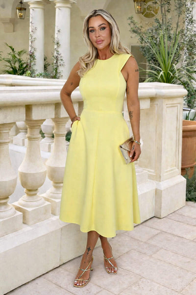 Soft Yellow Round Neck A-line Skirt Midi Dress  AX Paris