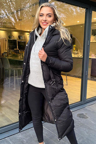 Black Belted Long Puffer Coat – AX Paris