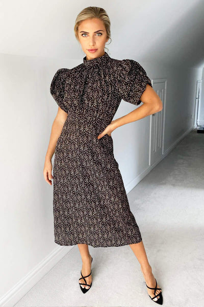 Black Ditsy Floral Puff Sleeve Midi Dress – AX Paris