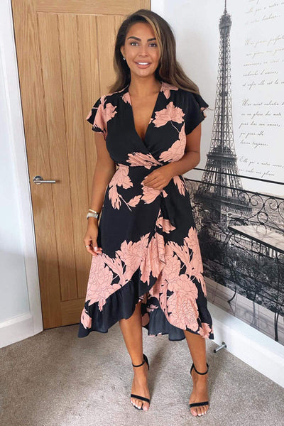 black and pink floral midi dress Black and Blush Floral Print Wrap Midi Dress – AX Paris
