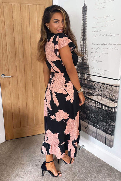 dark pink wrap midi dress in mixed print Black and Blush Floral Print Wrap Midi Dress