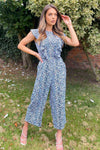 Blue Printed Frill Front Jumpsuit