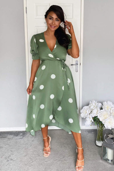 Green Dot Print Wrap Over Midi Dress – AX Paris