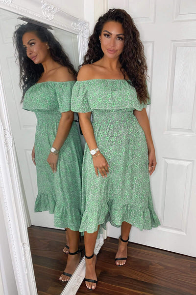 Green Printed Bardot Style Midi Dress AX Paris