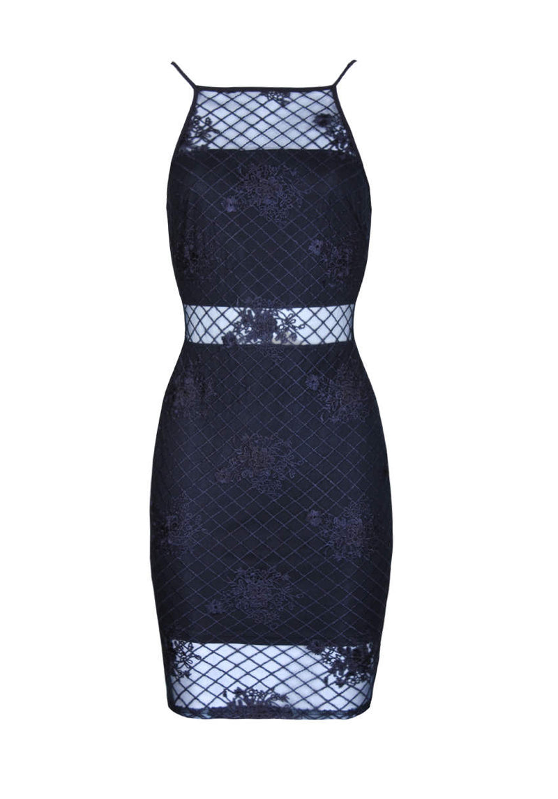 Navy Mesh Embroidered Bodycon Dress