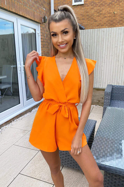 Ax Paris Bright Orange Playsuit Burnt Orange V Neck Short Sleeve