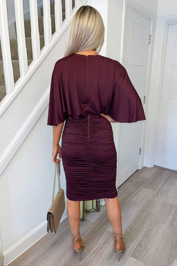 Plum Ruched Cape Sleeve Midi Dress