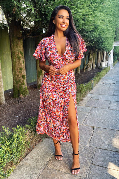 red wrap dress midi Red Ditsy Print Wrap Midi Dress – AX Paris
