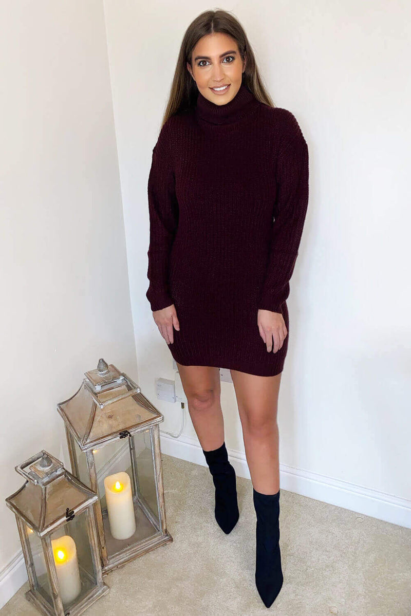 Wine Roll Neck Knit Jumper Dress