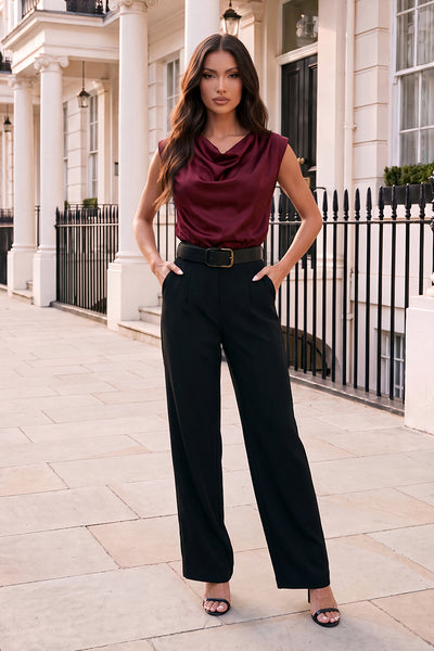 Dark Plum 2 in 1 Draped Neck Belted Wide Leg Jumpsuit – AX Paris