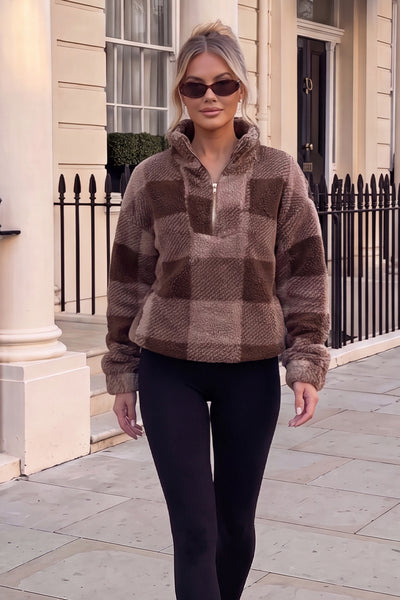 Mocha Check Teddy 1/4 Zip Sweatshirt – AX Paris