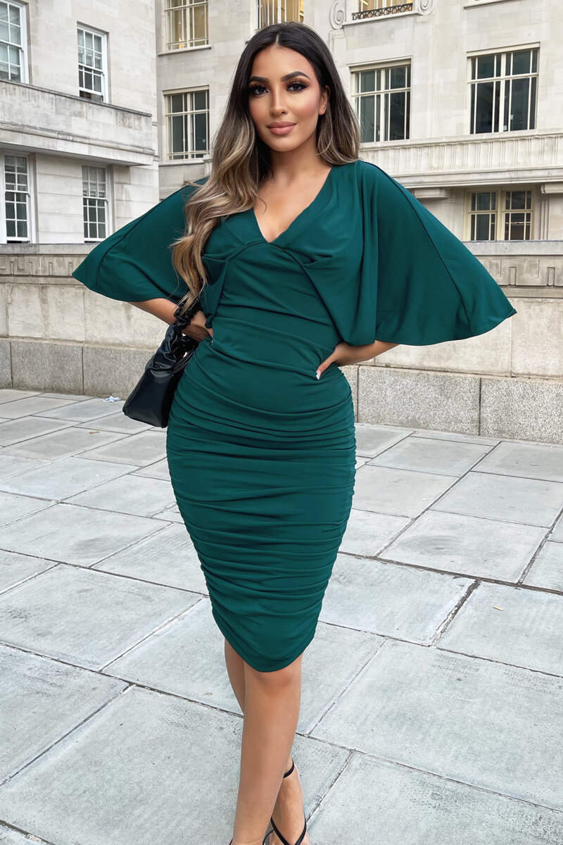 Teal Ruched Batwing Short Sleeve Midi Dress