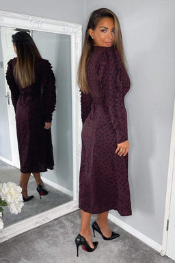 Plum Printed Long Pleated Sleeve Midi Dress