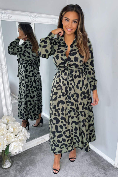 Khaki Animal Print Button Up Midi Dress – AX Paris