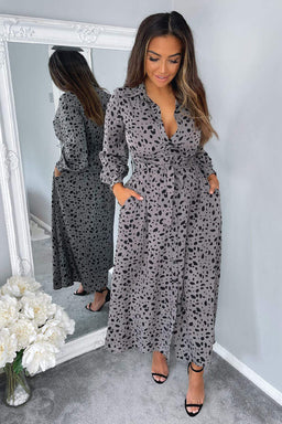 Grey Printed Button Up Midi Dress