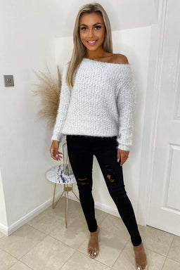Silver Off The Shoulder Fluffy Jumper