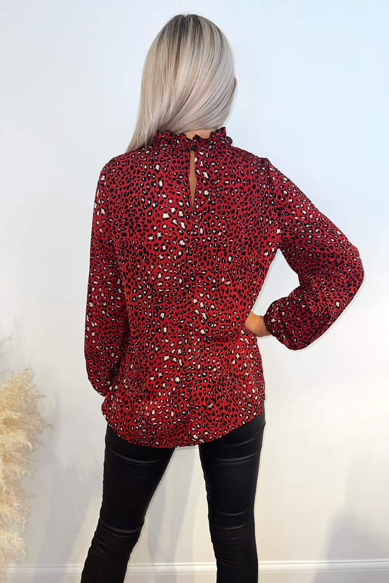 Red Printed Ruffle High Neck Top
