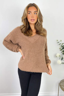 Camel V-Neck Fluffy Knitted Jumper