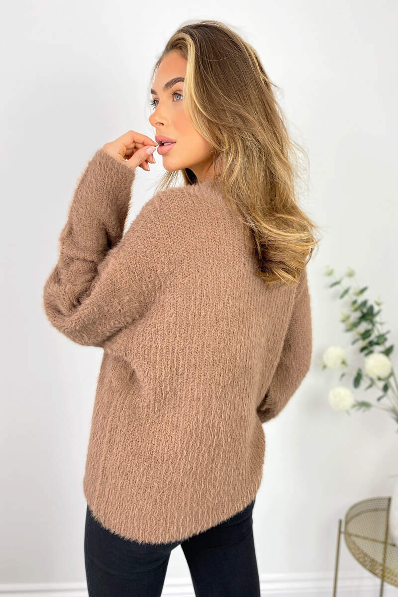 Camel V-Neck Fluffy Knitted Jumper