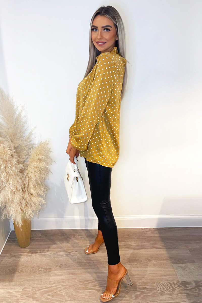 Mustard Polka Dot High Neck Long Sleeve Top