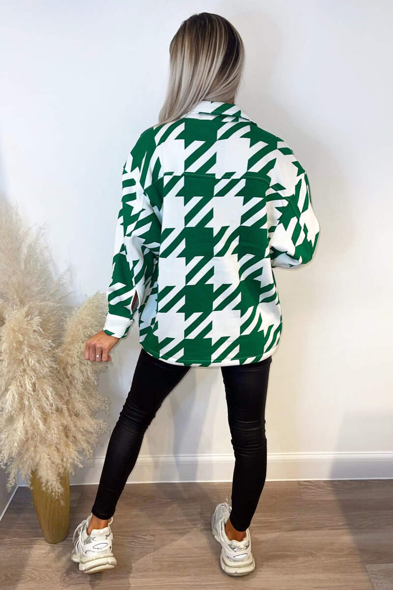 Jade Green Large Dogtooth Print Shirt Jacket
