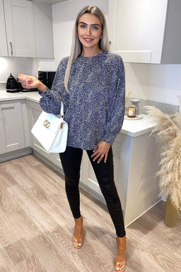 Navy And White Printed Balloon Sleeve Top