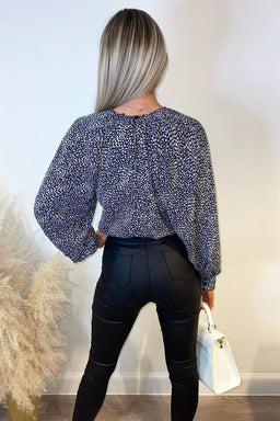 Navy And White Printed Balloon Sleeve Top