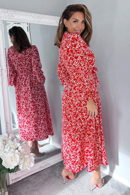 Red Floral Print Button Up Midi Shirt Dress