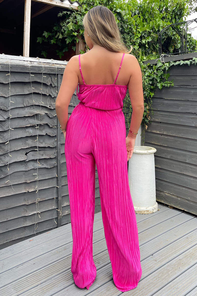 Cerise Wrap Top Tie Waist Full Length Plisse Jumpsuit