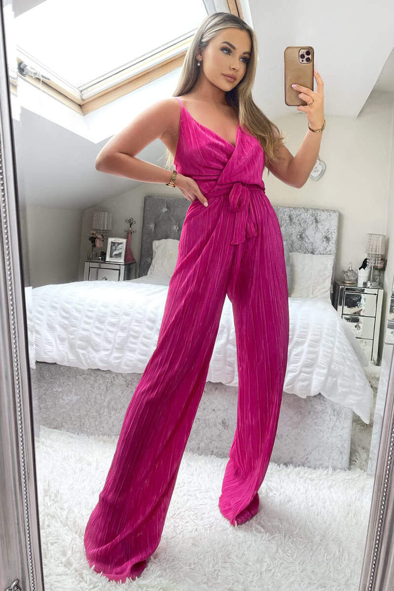 Cerise Wrap Top Tie Waist Full Length Plisse Jumpsuit