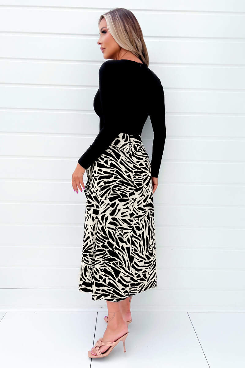 Black And Stone Long Sleeve Double Frill 2 In 1 Midi Dress