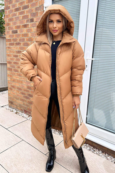 Camel Hooded Long Puffer Coat – AX Paris