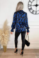 Cobalt And Black Printed Shirred High Neck Long Sleeve Top