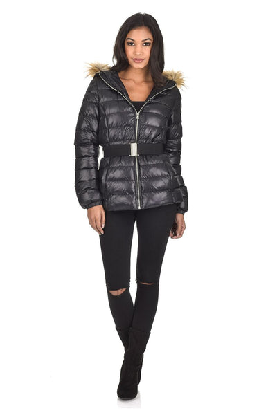Black wet look coat with fur hood discount