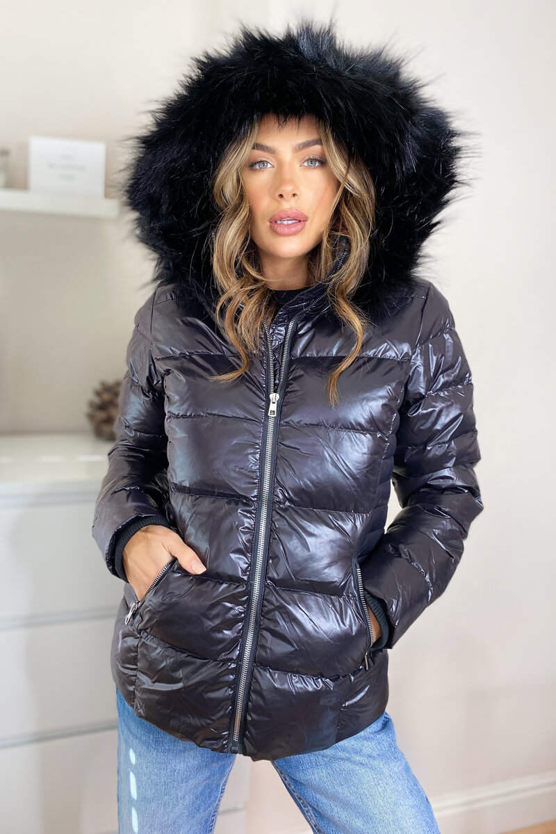Black Faux Fur Wet Look Coat