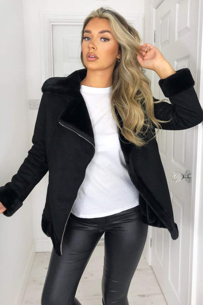 Black Faux Suede Aviator Jacket AX Paris