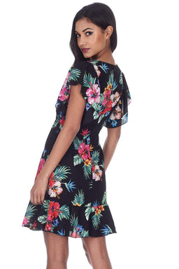 Black Floral Frill Detail Mini Dress