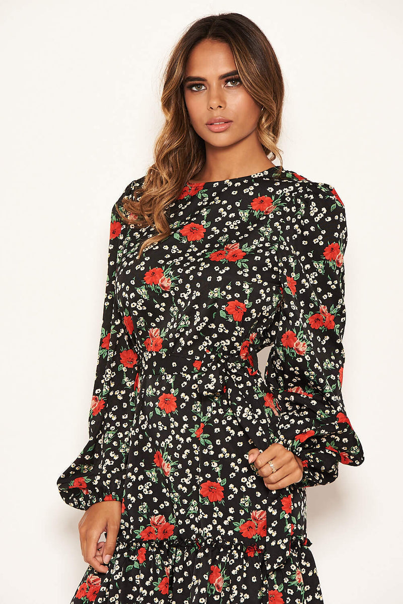 Black Floral Frill Hem Dress