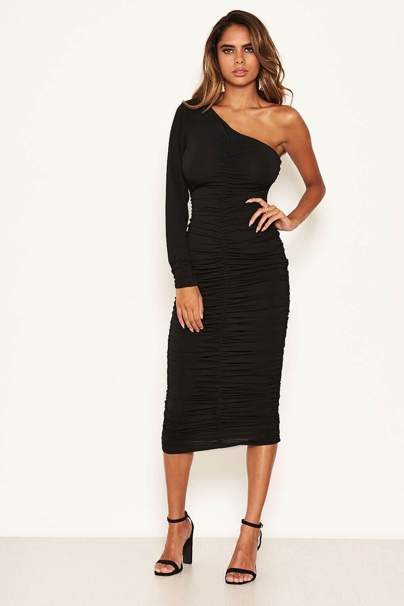 Black One Shoulder Ruched Dress