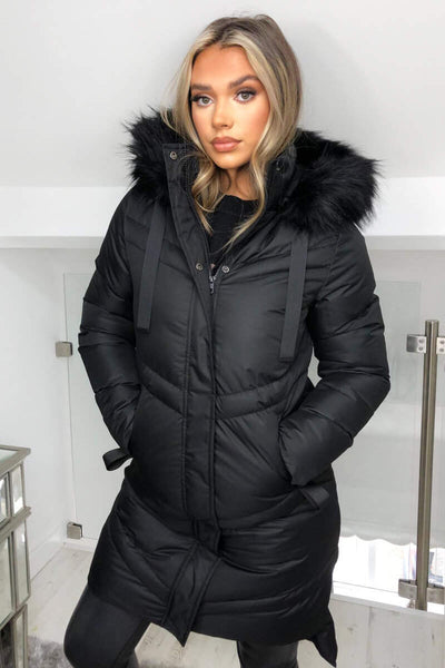 Ax Paris Long Puffer Ladies Coat AX Paris Black Tie Waist Quilted