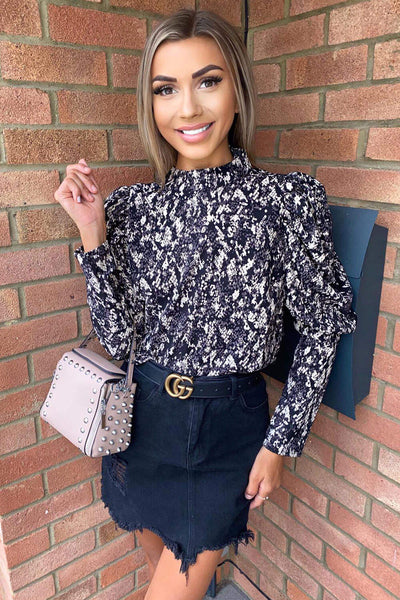 Black Printed Puff Sleeve Cuff Top – AX Paris