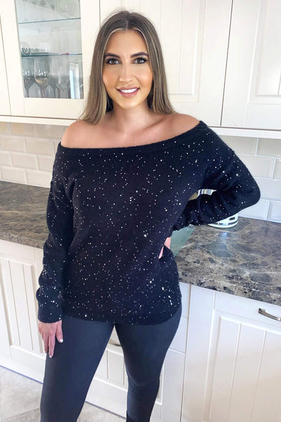 Black Sequin Off The Shoulder Knit Jumper – AX Paris