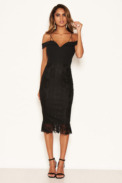 Black Midi Dress | Black Strappy Lace Skirt Midi Dress | AX