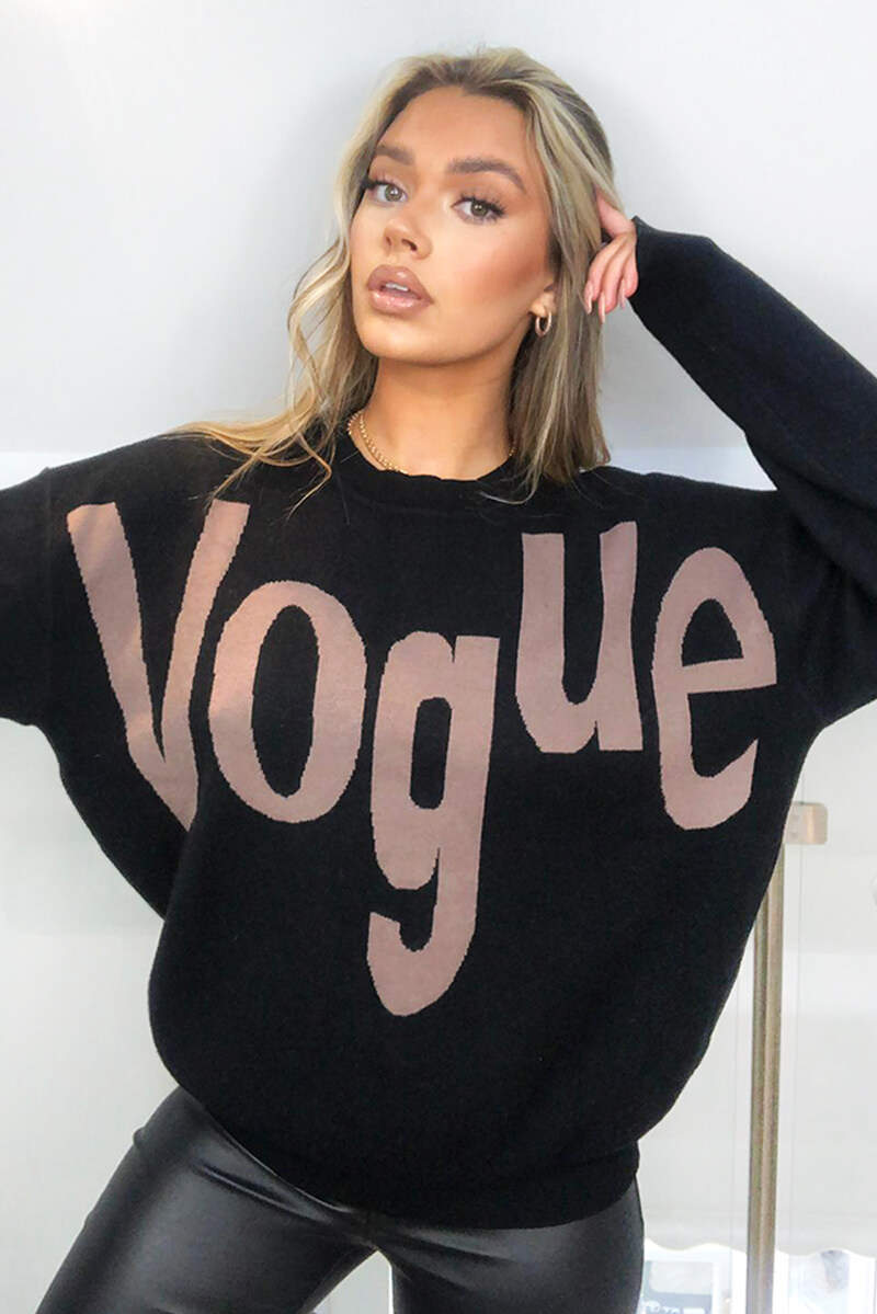 Black V Slogan Knitted Jumper