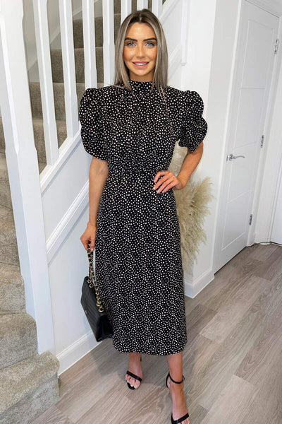 Black and Pink Polka Dot Puff Sleeve Midi Dress – AX Paris