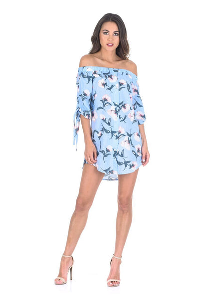 Off The Shoulder Printed Blue Cocktail Dress