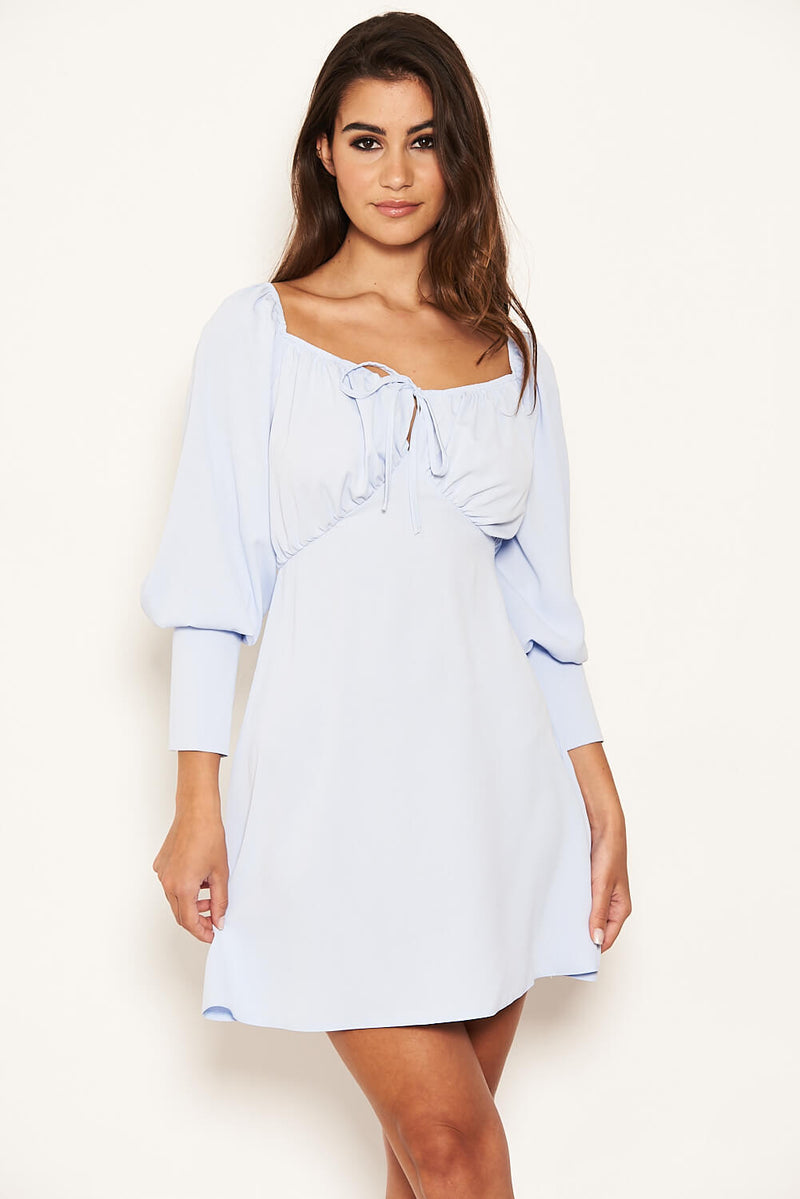 Blue Tie Neckline Long Sleeve Dress