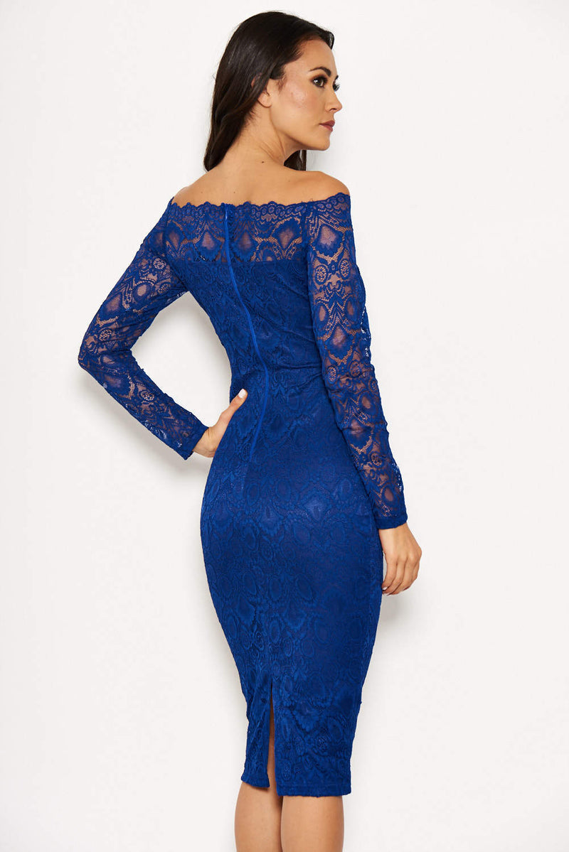 Blue Lace Long Sleeved Midi Dress