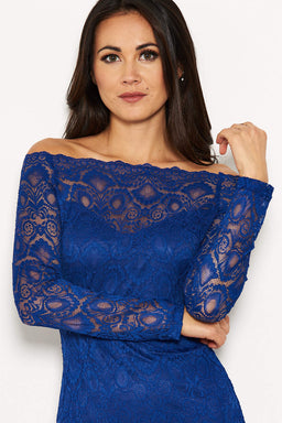 Blue Lace Long Sleeved Midi Dress