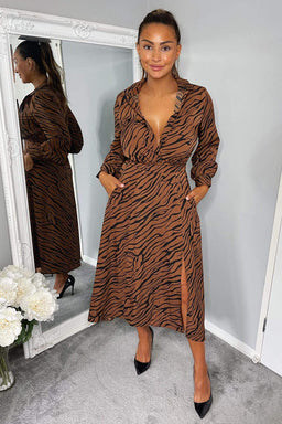 Brown Animal Print Button Up Midi Dress